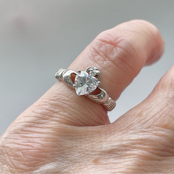 Sterling Silver Claddagh CZ Heart Ring, Irish Rings, April Birthstone Ring - Picture 9 of 10